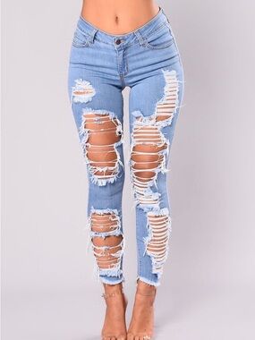 Fashion Nova Cassy Distressed Light Blue Ripped High-Rise Skinny Jeans